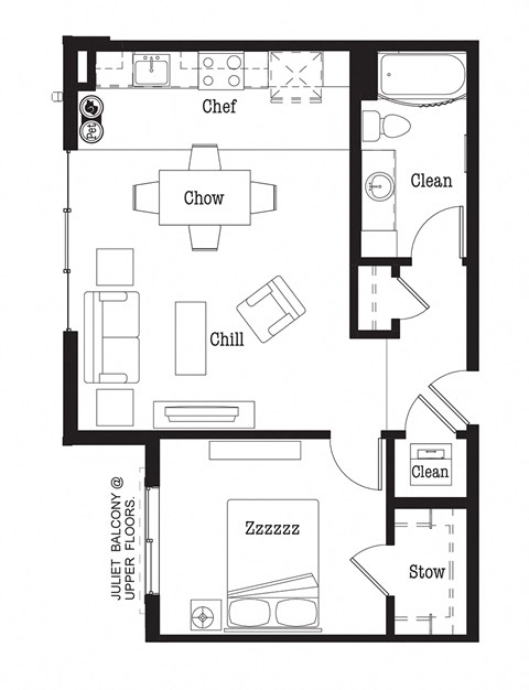 Floor plan for 1 bed, 1 bath, 760 sqft